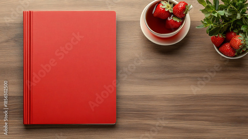 Red book cover on wooden table with fresh strawberries and cup, cozy and inviting atmosphere