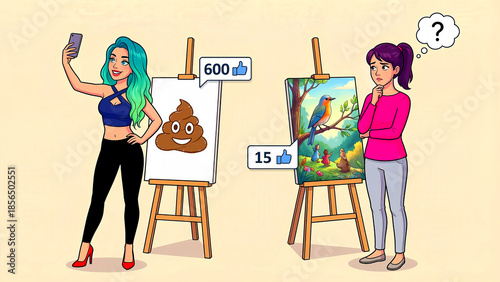 Cartoon illustration depicts a social media paradox where a simple emoji drawing receives far more likes than detailed artwork, causing confusion.