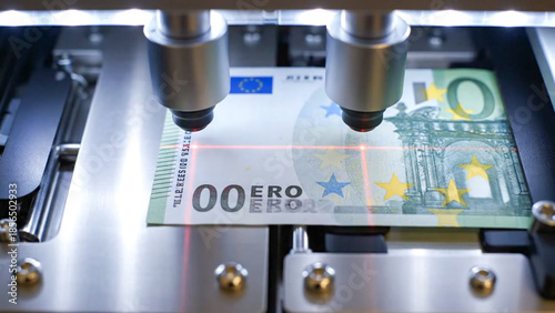 Cuadro en lienzo Industrial machine using laser sensors to scan and verify Euro banknotes