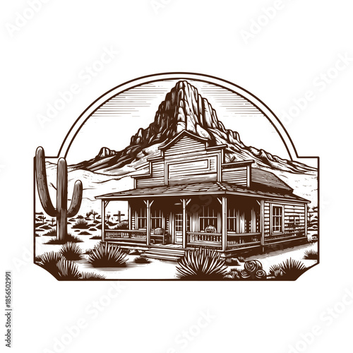 Old West Homestead Cabin with Mountain Landscape – Black and White Engraving