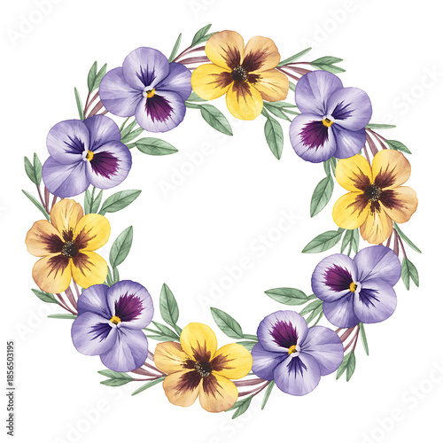 Watercolor wreath of purple and yellow pansy flowers isolated on white background