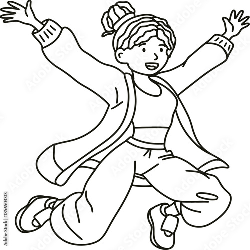 A joyful woman expresses pure happiness through her bright smile and lively body language, capturing a moment filled with positive energy and emotional freedom.