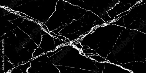 Abstract black marble texture with natural white lightning-like veins, cracked stone pattern, high contrast dark background, luxury surface design ideal for modern interiors, wallpaper, and background