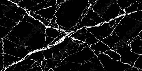Abstract black marble texture with natural white lightning-like veins, cracked stone pattern, high contrast dark background, luxury surface design ideal for modern interiors, wallpaper, and background