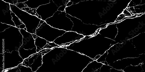 Abstract black marble texture with natural white lightning-like veins, cracked stone pattern, high contrast dark background, luxury surface design ideal for modern interiors, wallpaper, and background