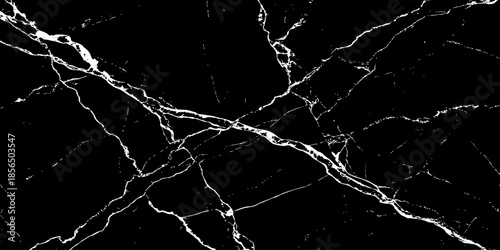 Abstract black marble texture with natural white lightning-like veins, cracked stone pattern, high contrast dark background, luxury surface design ideal for modern interiors, wallpaper, and background