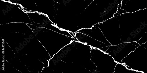 Abstract black marble texture with natural white lightning-like veins, cracked stone pattern, high contrast dark background, luxury surface design ideal for modern interiors, wallpaper, and background