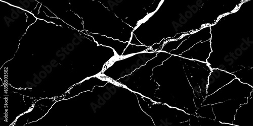 Abstract black marble texture with natural white lightning-like veins, cracked stone pattern, high contrast dark background, luxury surface design ideal for modern interiors, wallpaper, and background