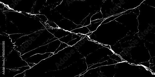 Abstract black marble texture with natural white lightning-like veins, cracked stone pattern, high contrast dark background, luxury surface design ideal for modern interiors, wallpaper, and background