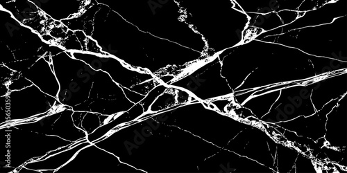 Abstract black marble texture with natural white lightning-like veins, cracked stone pattern, high contrast dark background, luxury surface design ideal for modern interiors, wallpaper, and background