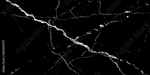 Abstract black marble texture with natural white lightning-like veins, cracked stone pattern, high contrast dark background, luxury surface design ideal for modern interiors, wallpaper, and background