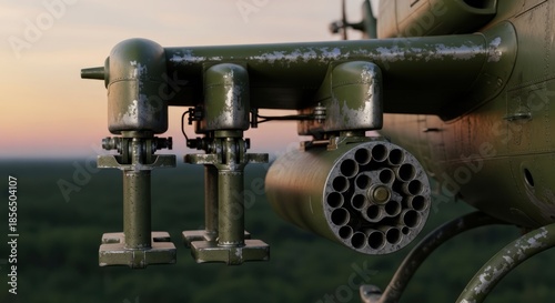 Vintage Military Helicopter Armed with Rocket Launcher over Dense Jungle