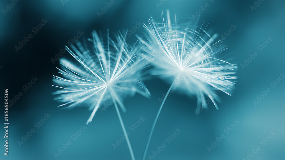Obraz premium Two delicate dandelion seed heads with wispy strands against a blue backdrop