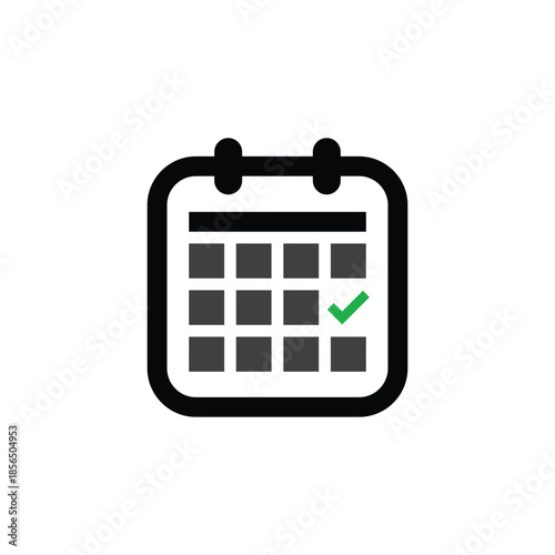 Calendar icon logo, diary symbol, contains schedule, date, agenda, event, month, and week icons. Black and white vector design.