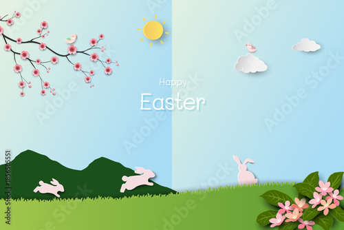 Happy Easter greeting card,Spring field background with cute rabbits happy on sunshine day
