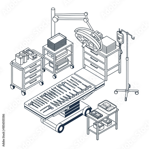 Isometric line art illustration of a surgical operating room with medical equipment and instruments.