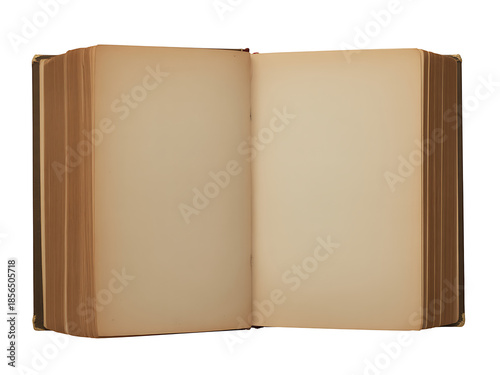 An open antique book with blank pages, isolated on white background