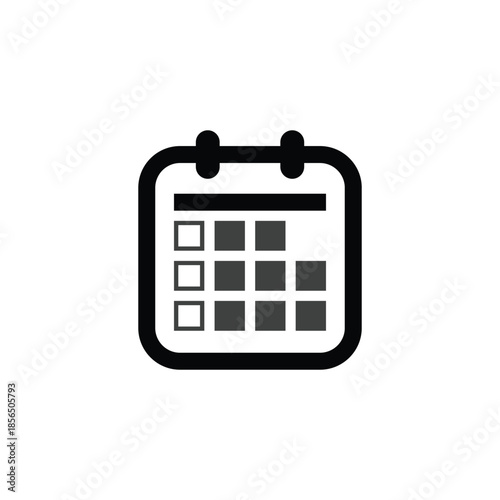 Calendar icon logo, diary symbol, contains schedule, date, agenda, event, month, and week icons. Black and white vector design.
