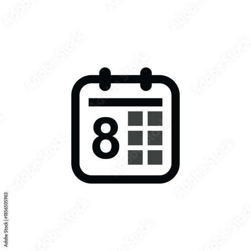 Calendar icon logo, diary symbol, contains schedule, date, agenda, event, month, and week icons. Black and white vector design.