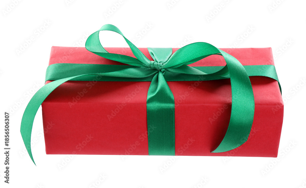 Obraz premium Beautiful gift box with green bow isolated on white