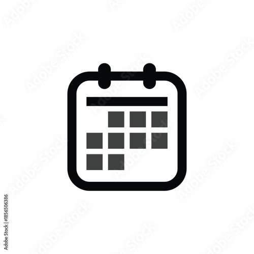Calendar icon logo, diary symbol, contains schedule, date, agenda, event, month, and week icons. Black and white vector design.