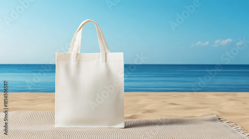 White cotton tote bag shopper mock up on beach blanket with blue sea and sky background