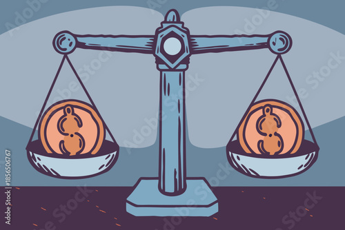 Financial Equilibrium: A stylized image showcasing balance, where two gold coins representing value sit harmoniously within the scales of justice, suggesting equitable assessment. 