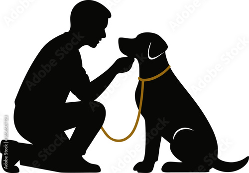Silhouette of a man with his dog outdoor bond between man and pet, emotional animal friendship vector illustration.