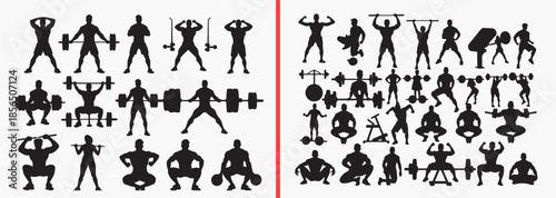 gym silhouette clipart, fitness exercise icons, workout equipment graphics, strength training poses, bodybuilding silhouettes, black white gym clipart, printable fitness icons, exercise silhouette pac