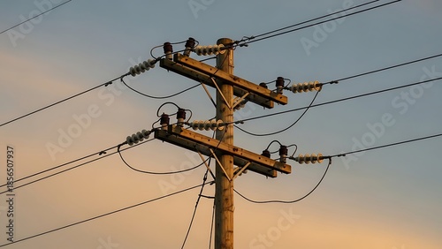 Electrical power lines and utility pole against a gradient sky