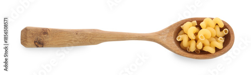 Photos Raw cavatappi pasta in wooden spoon isolated on white, top view