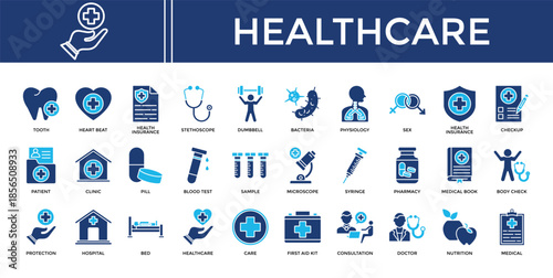 Health care icon set collection. Containing organ, sex, checkup, cog, stethoscope, insurance, patient .Solid vector icons collection