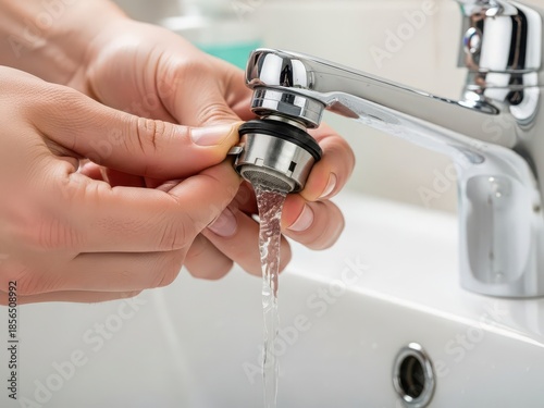 Person cleaning faucet aerator under running water