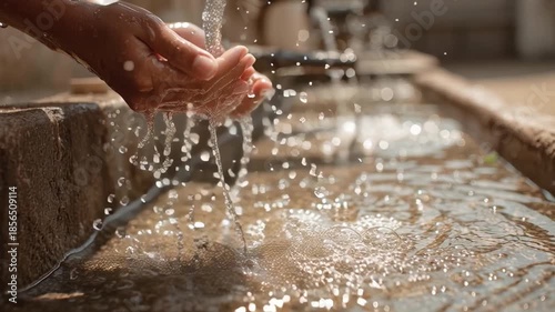 Rural global health handwashing clean hands under flowing water at outdoor fountain basin nurturing hygiene, health, cleanliness, community wellbeing