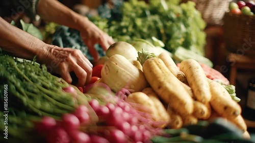 Fresh organic radish carrot cucumber potato tomato leafy green vegetable display rural global health farmer arranging vibrant produce market hands