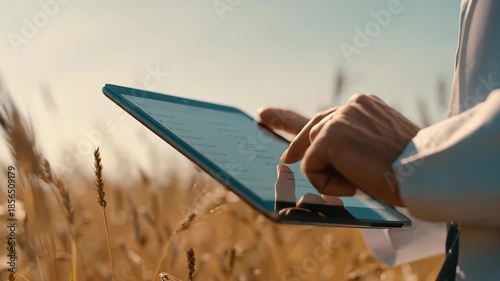 Rural global farmer uses tablet wheat field connecting technology agriculture and community wellbeing with modern data collection and calm crop