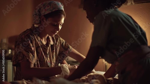 Young mother cradling newborn with midwife dim rural clinic highlighting maternal care infant healthcare maternal clinic midwife caregiver bonding