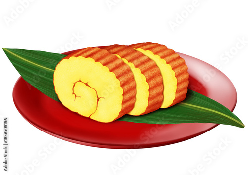 赤い漆器の皿に並べた伊達巻3個