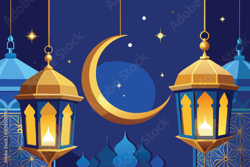 Moonlit Ramadan Lanterns Over Golden Mosques Create A Reverent Night Scene