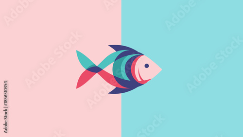 Minimalist illustration of a stylized fish with overlapping translucent colors on a pastel background