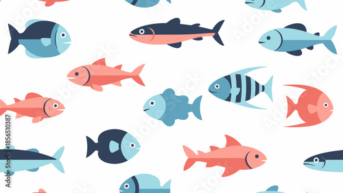 Seamless pattern of colorful cartoon fish swimming in various directions, perfect for children's designs and ocean-themed decor