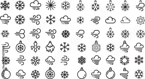 set of black line icons for weather forecast and Christmas  snowflakes and clouds