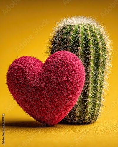 Red fluffy heart leaning against a prickly green cactus on yellow background. Concept of dangerous love, pain in relationship, unrequited feelings and opposites attract.