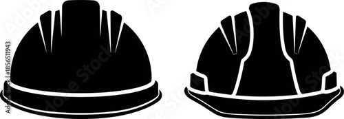Black Protective Hard Hat Vector Icons for Construction Safety Industrial Work Engineering Occupational Health Site Protection Equipment and Safety Helmet Graphics