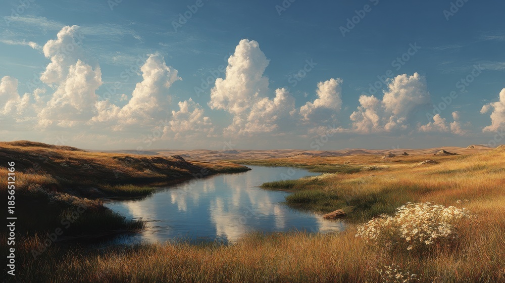 Obraz premium Serene landscape with a calm river flowing through golden fields under a blue sky filled with fluffy clouds