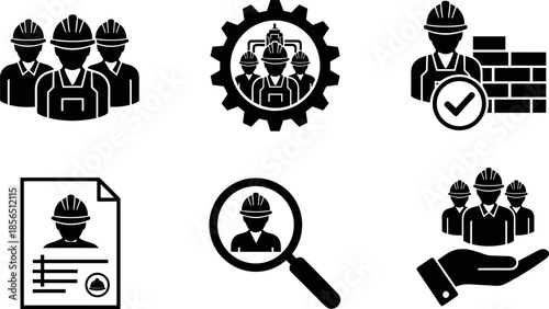 Construction Worker Workforce Icons Set for Industrial Recruitment Labor Management Human Resources Professional Engineering Staffing Employment Services and Site Safety Solutions.