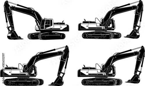 Heavy hydraulic excavator vector illustration silhouette set from different angles isolated on white background for construction industrial machinery engineering projects