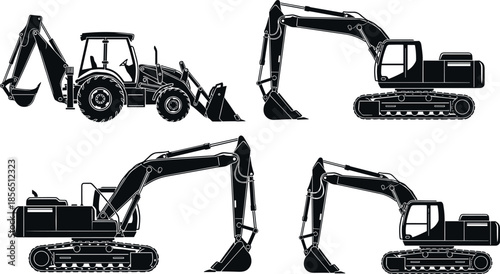 Vector Silhouette Set of Heavy Construction Machinery Featuring Backhoe Loader and Hydraulic Crawler Excavators for Industrial Earthmoving and Building Projects