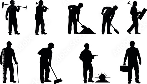 Silhouette collection of construction workers and industrial laborers performing various manual tasks like digging, sweeping, drilling, and carrying heavy tools.
