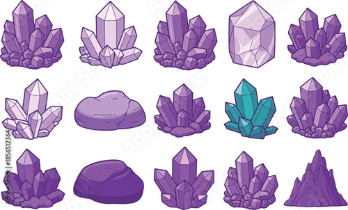 Amethyst crystal cluster set purple gemstone minerals cartoon magic rock collection amethyst stone illustration elements